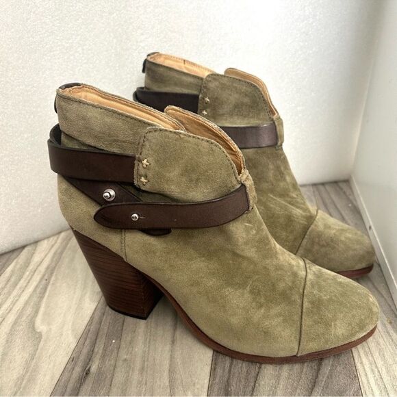 Rag & Bone 39 Harrow Camo Green Stacked Brown Heel Suede Leather Ankle Boots - Picture 3 of 9